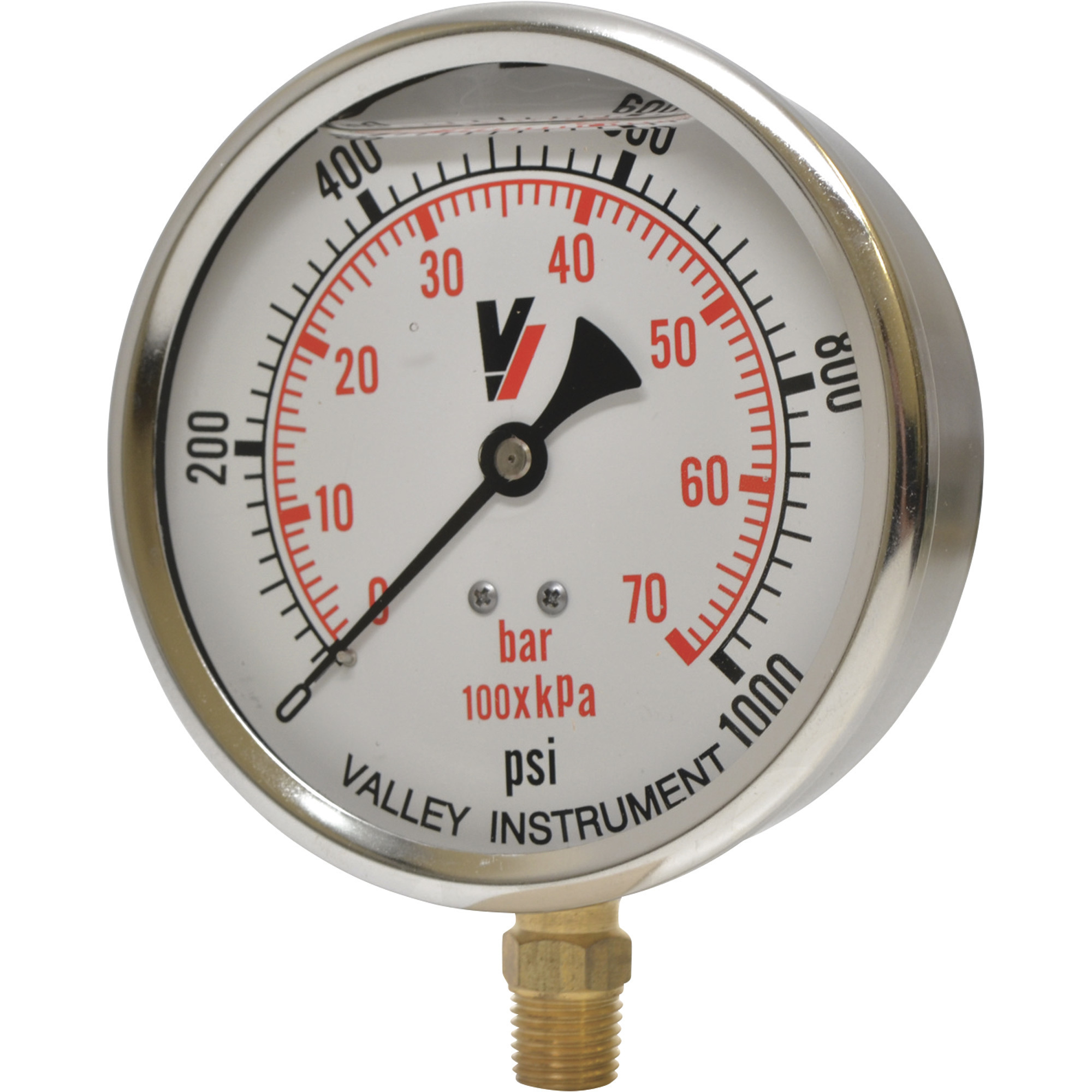 Valley Instrument Glycerin Filled Pressure Gauge - 4in. Stem Mount, 0-1,000 PSI, 1/4in. NPT, Model# Grade A